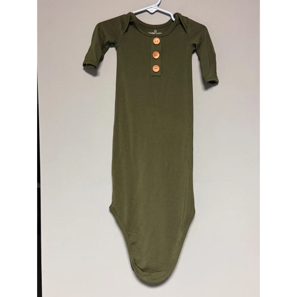 Caden Lane Knotted Baby Gown Olive Green Bamboo Henley Mitten Cuffs 7-14lbs